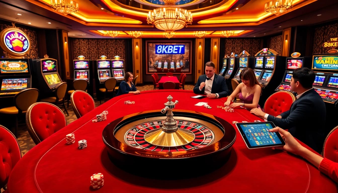 An immersive casino scene showcasing players at 8KBET engaged in thrilling games, from poker to roulette.