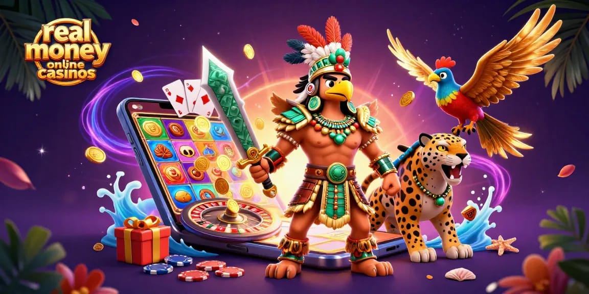 Engage in real money online casinos with vibrant 3D Aztec warriors and dynamic gaming elements.