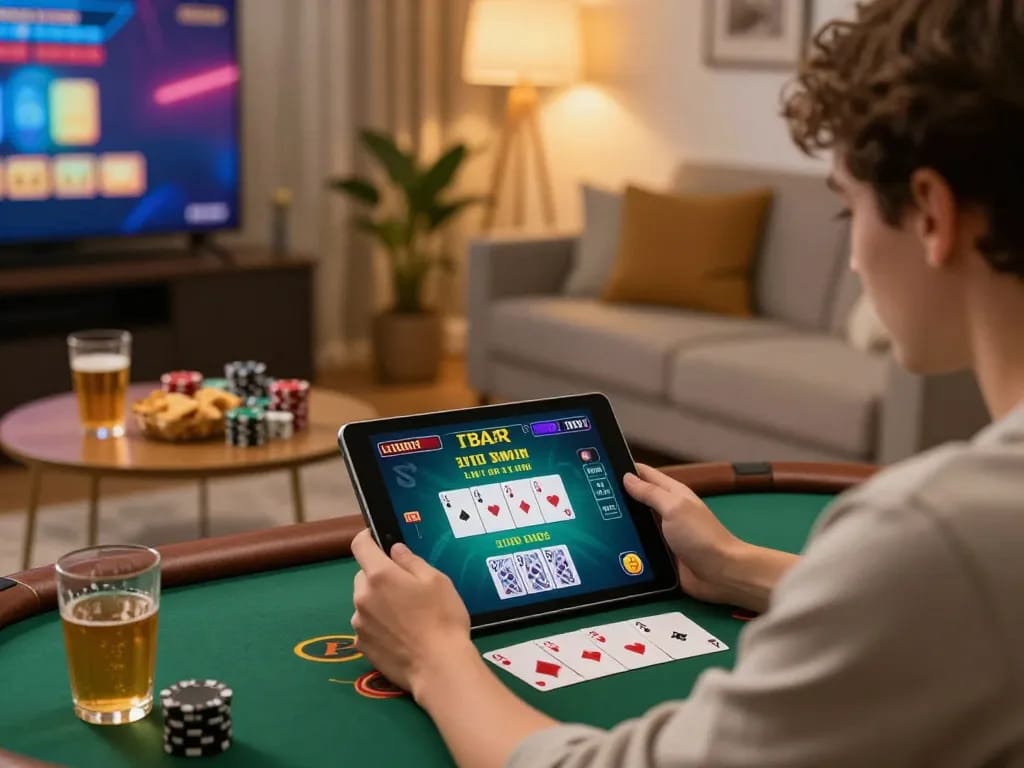 Player enjoying blackjack on mm88star tablet at home, showcasing engaging online gambling experience