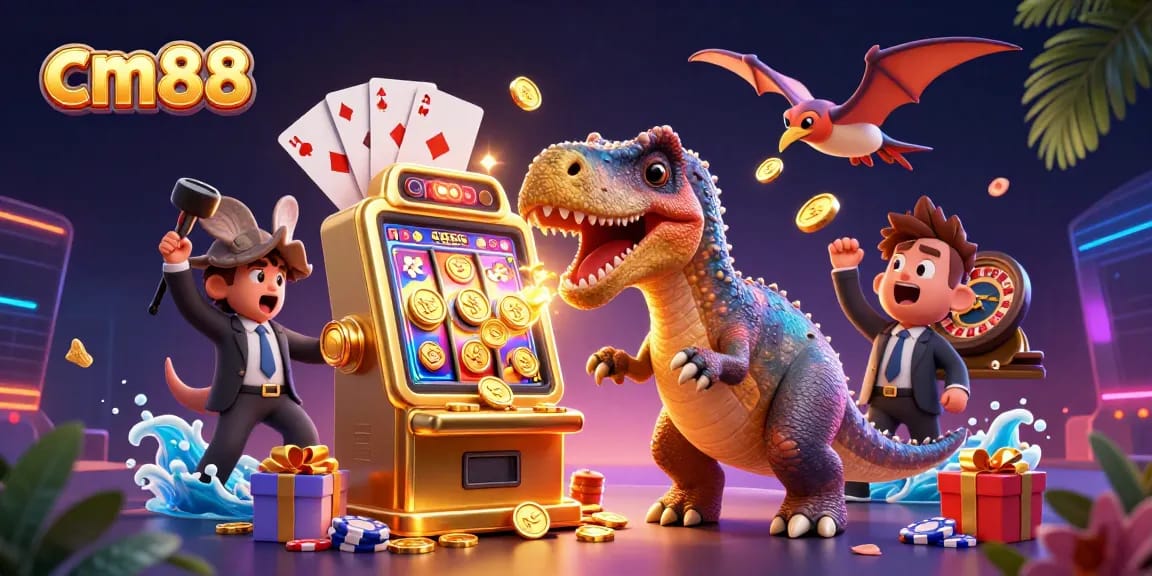 Experience big wins with cm88 as dinosaurs and a slot machine create a jackpot frenzy.