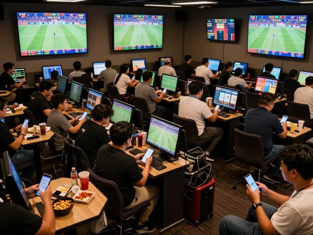 Engaging scene of fans placing bets in real-time for kèo bóng đá trực tuyến, excitement evident in a vibrant sports betting room.