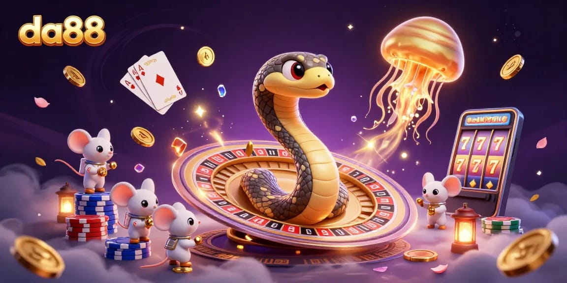 da88 invigorates the cosmic casino experience with a whimsical 3D scene filled with vibrant characters and game elements.