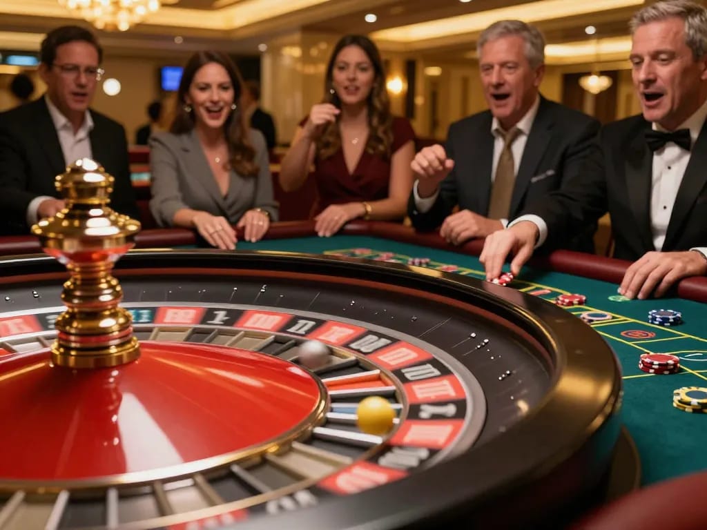 Engaged players placing bets in a roulette game at DA88 casino, vibrant atmosphere enhancing excitement.