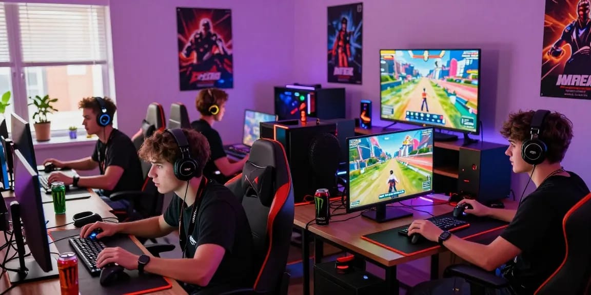 Friends enjoying a lively multiplayer gaming session showcasing rokok88 super on vibrant screens with LED lights.