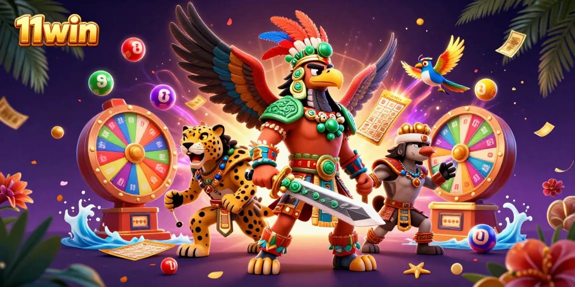Engage in exciting lottery actions with 11win surrounded by colorful elements and dynamic characters.