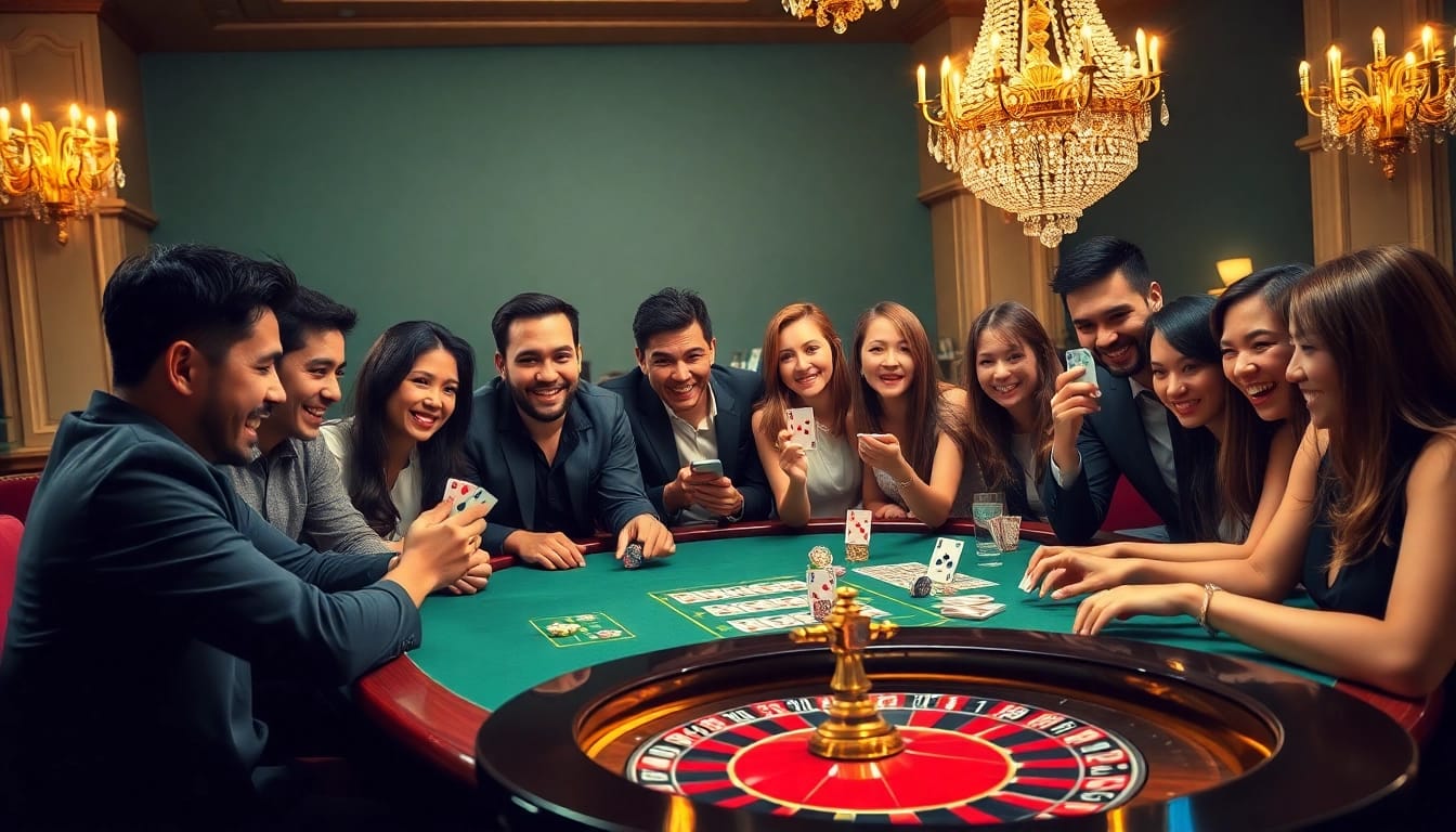 Dominoqiu players strategizing at a luxurious casino poker table with vibrant chips and cards.