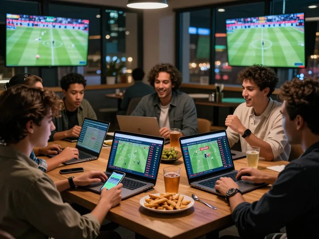 Friends passionately engaging in sports betting on 1gom platform in a lively modern lounge.