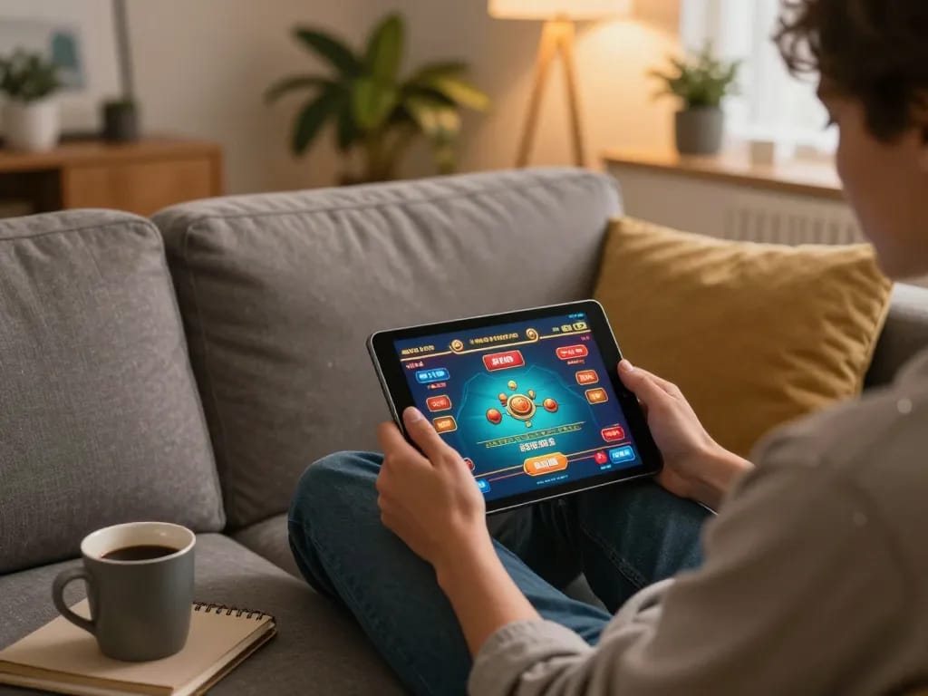 LC88 user engaged in a thrilling online casino game on a tablet, showcasing responsible gambling practices.