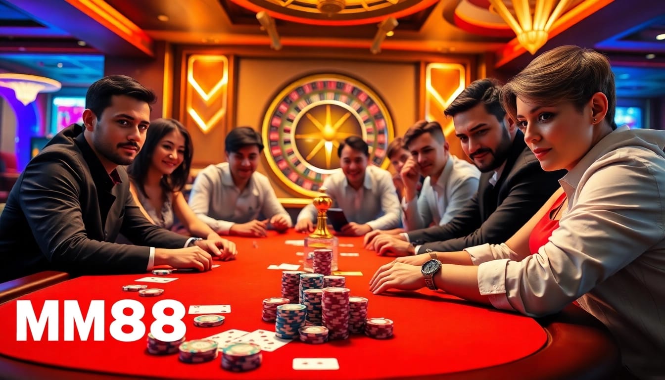 Players at an MM88 casino table engaged in poker, showcasing excitement and luxury.
