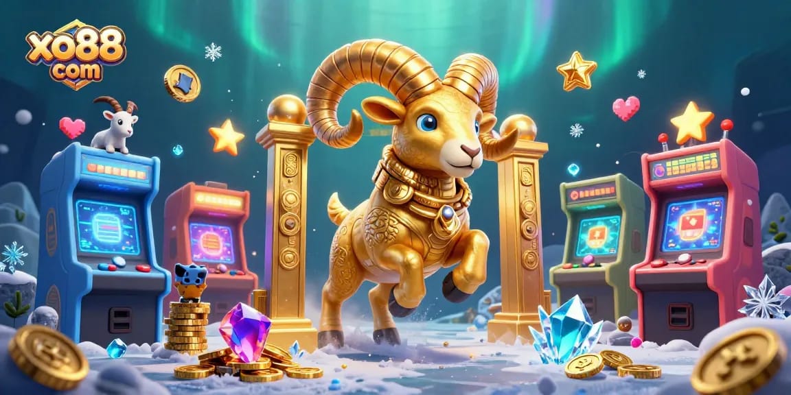 Experience thrilling gaming at xo88 com with a vibrant 3D illustration featuring a golden ram amidst colorful arcade machines.