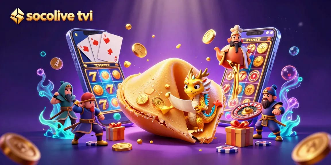Socolive tivi showcases a vibrant scene of a magical golden fortune cookie surrounded by dynamic casino elements.