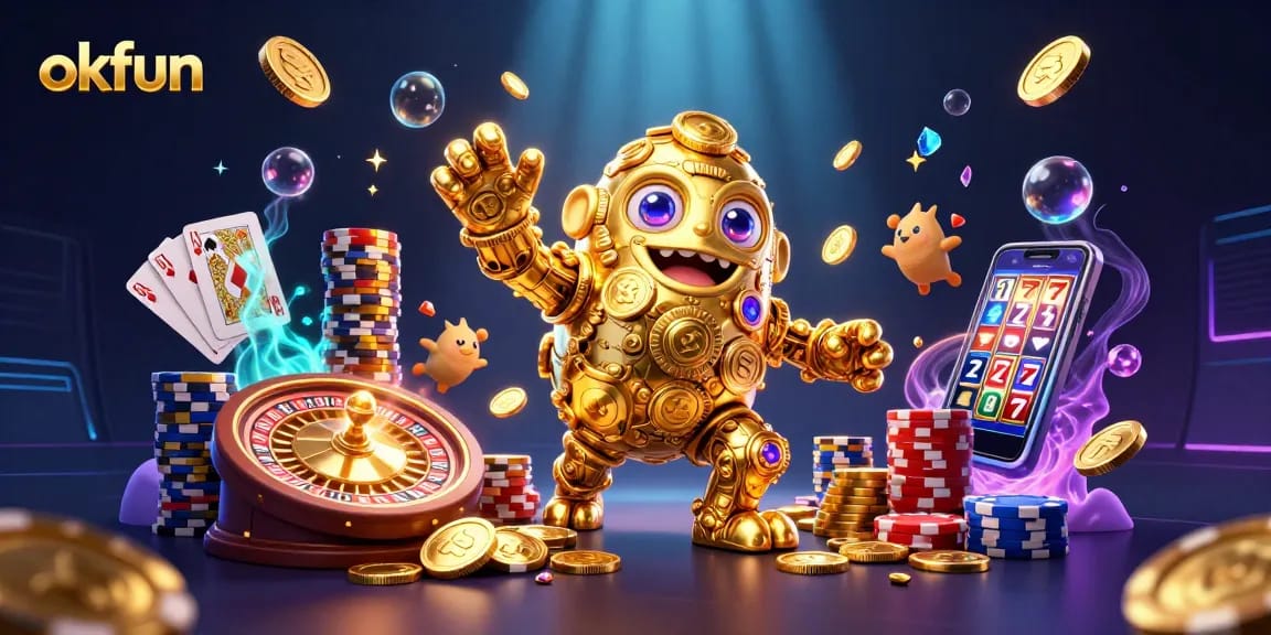Experience thrilling wins with okfun in a vibrant casino scene showcasing dynamic slots and playful gold sprites.