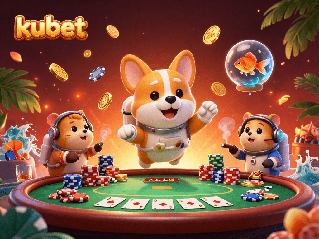 Experience the excitement of kubet with a vibrant floating casino scene featuring a cartoon corgi in zero gravity.