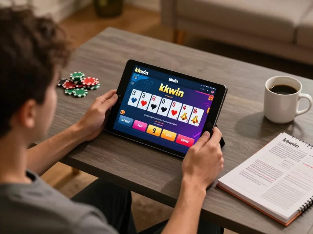 Player engaging with the kkwin app interface on a tablet in a warm home setting.
