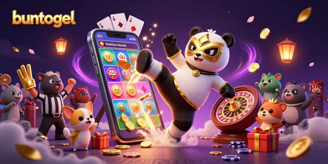 Buntogel brings excitement with a panda wrestler and animal fans, surrounded by thrilling casino elements.