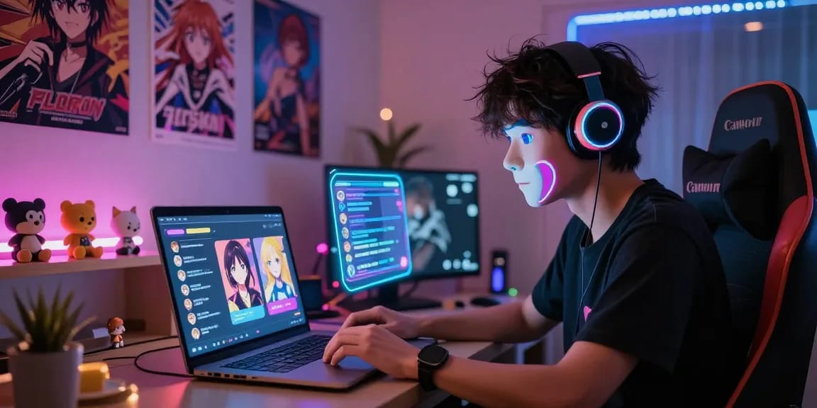 Engaging AI hentai chat interaction in a vibrant virtual anime setting.