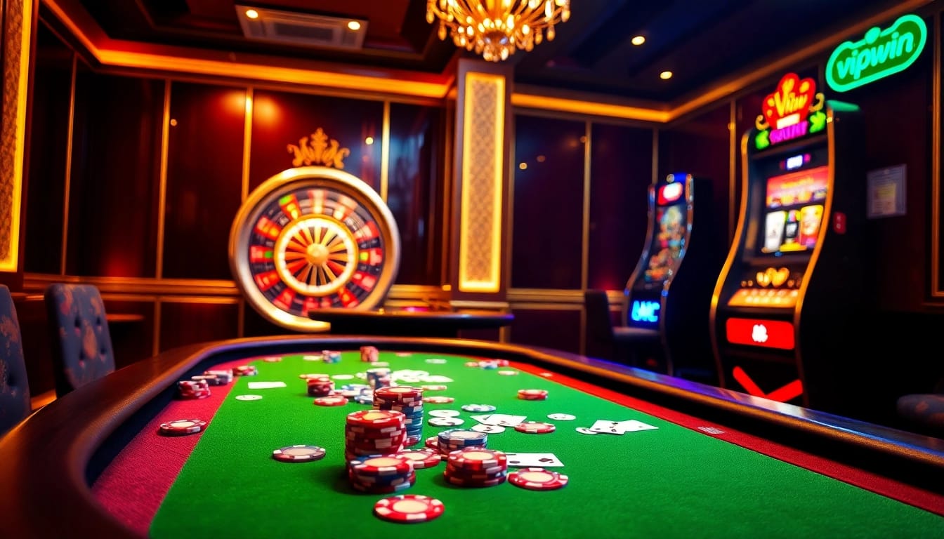 Experience the thrill of vipwin with a vibrant casino scene featuring poker, roulette, and slot games.