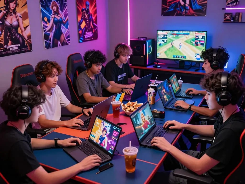 Gamers enjoying hentai games together in a vibrant gaming environment with multiple devices.