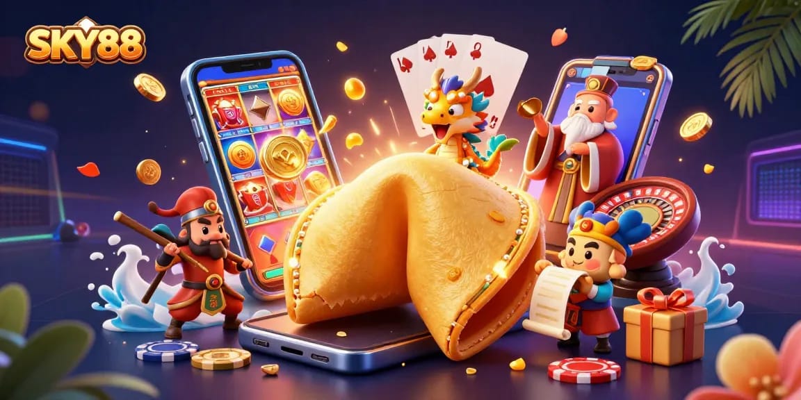 Bet and win big with SKY88 at this vibrant online casino scene featuring a lucky dragon and golden fortune elements.