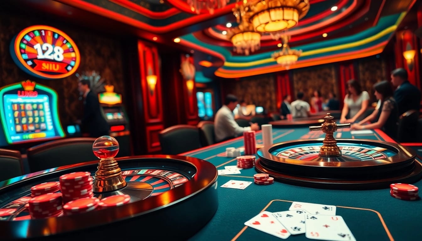 LU88 poker table with vibrant chips enticing gamblers to engage in thrilling bets.