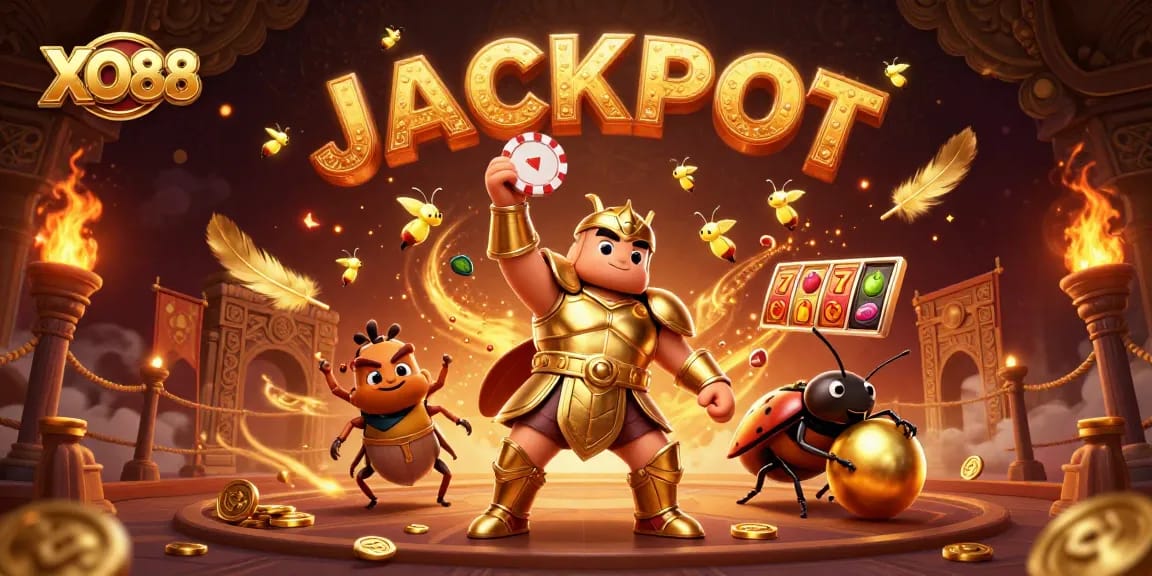 Win with XO88 in an exciting casino scene featuring animated beetles and vibrant gambling elements.
