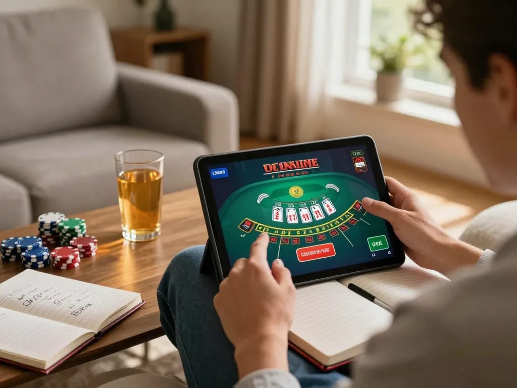 Player enjoying live blackjack on 88vv app in a cozy home setting with casual gaming elements