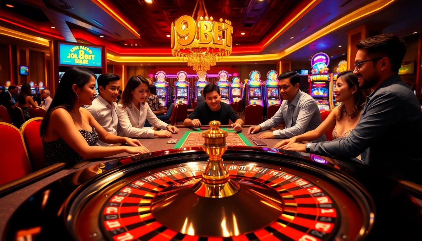 Players enjoy an exciting game at 9BET casino with vibrant roulette and poker chips.