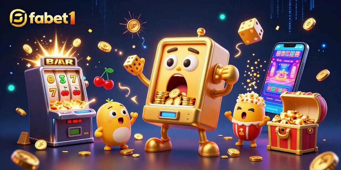 Win big at fabet1 as the golden slot machine hits a jackpot amidst cheering mini slot machines and vibrant casino elements.