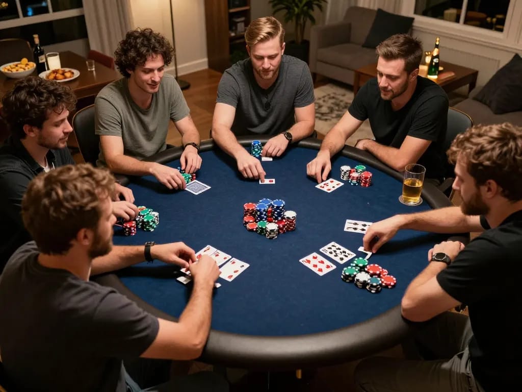 Engaging poker game at home illustrating excitement on trang chủ tt88 platform with players and cards.