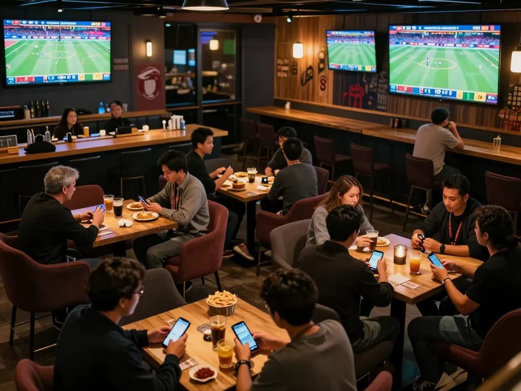 Five88 patrons engaged in live sports betting at a modern sports bar with large screens.