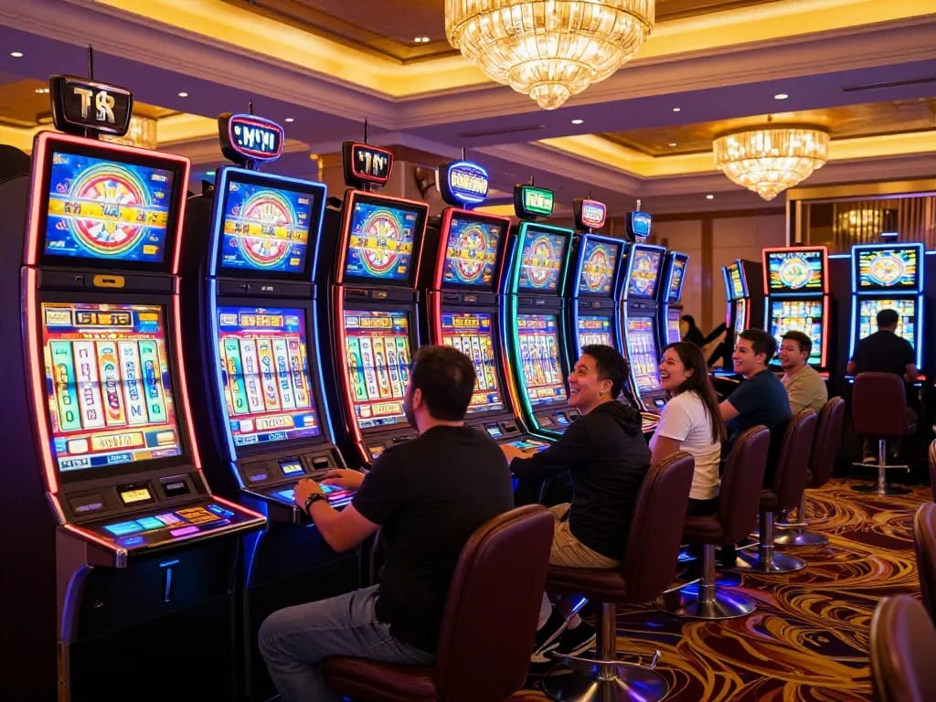 Players celebrating wins at lively slot machines while enjoying their time at link max88 casino.