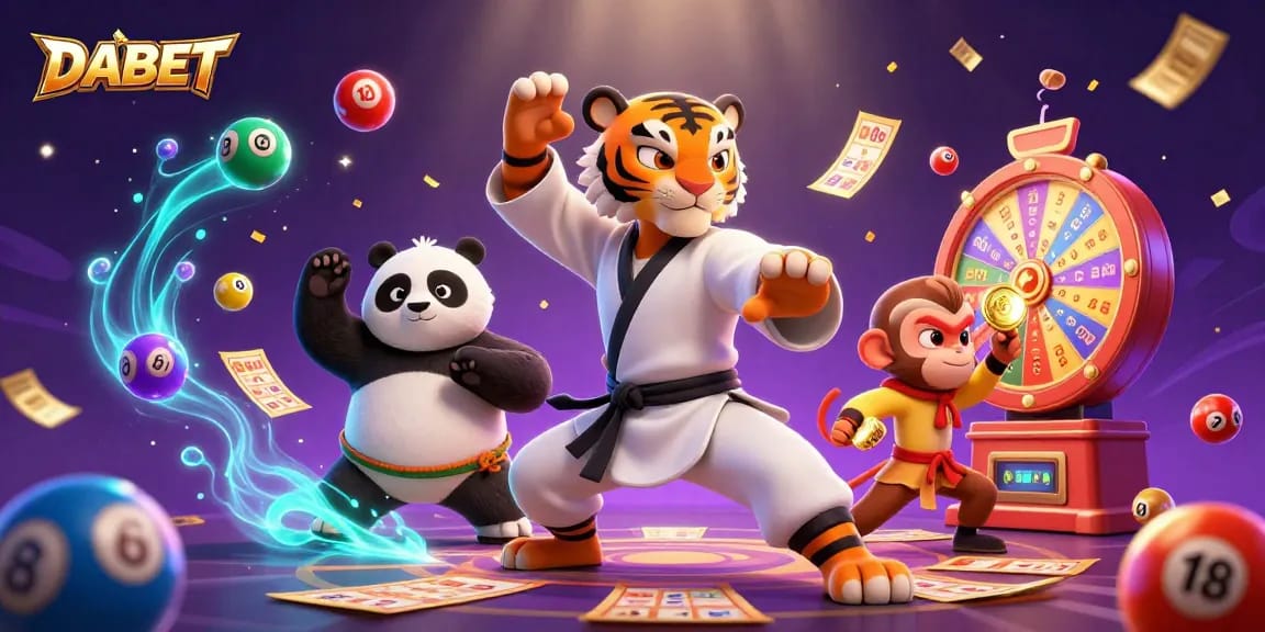 DABET's engaging online gaming scene showcasing a kung fu tiger, panda disciple, and monkey in a vibrant casino atmosphere