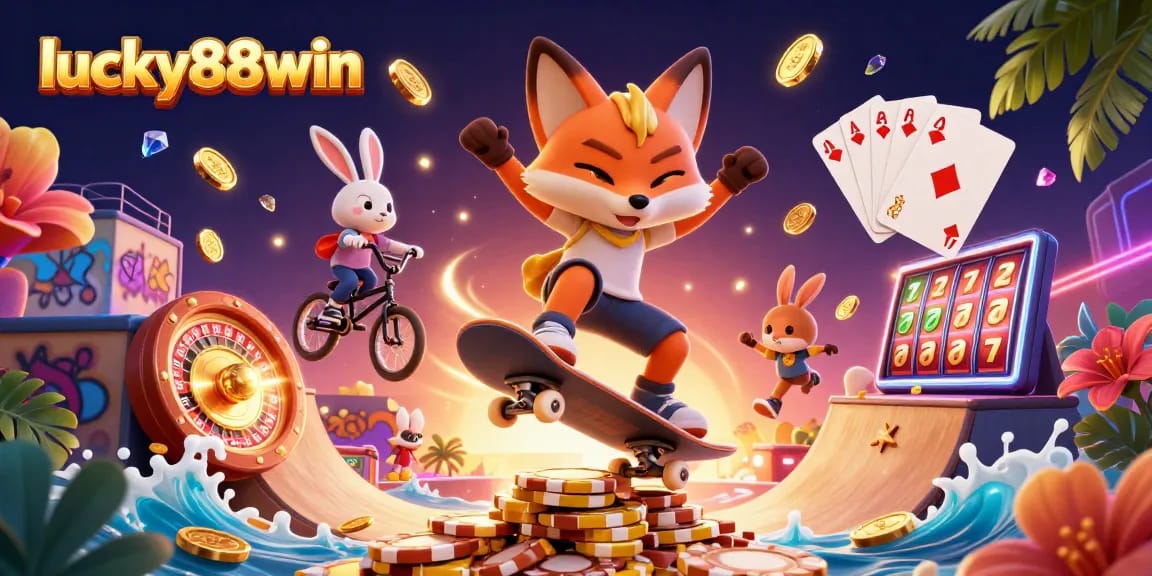 Experience thrilling gameplay at lucky88win with vibrant 3D casino illustration showcasing dynamic characters and exciting game elements.