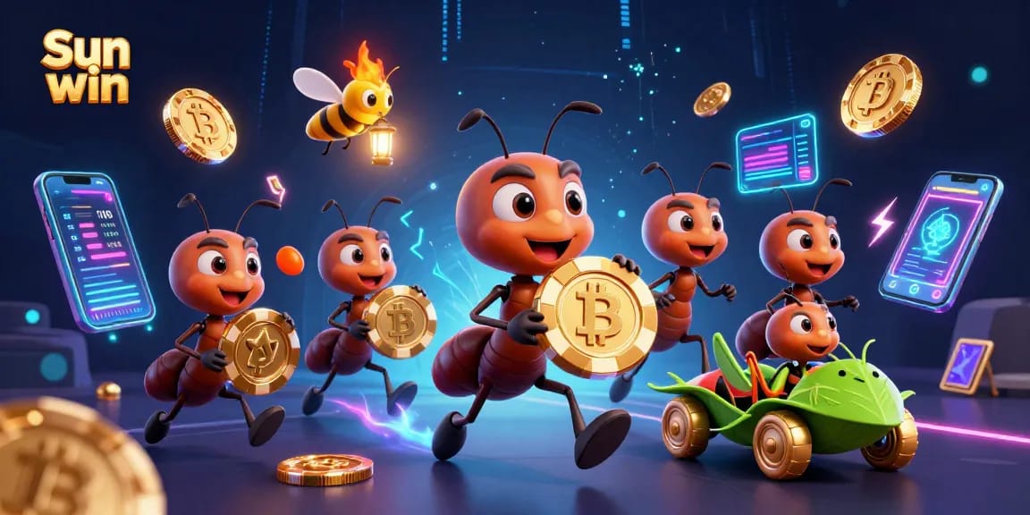 Experience Sun win action with a vivid illustration of ants stealing a giant poker chip in a casino-themed heist.