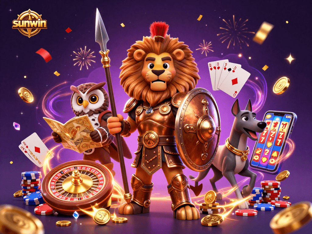 Wager with sunwin alongside a Spartan lion, owl strategist, and greyhound, amidst casino richness.