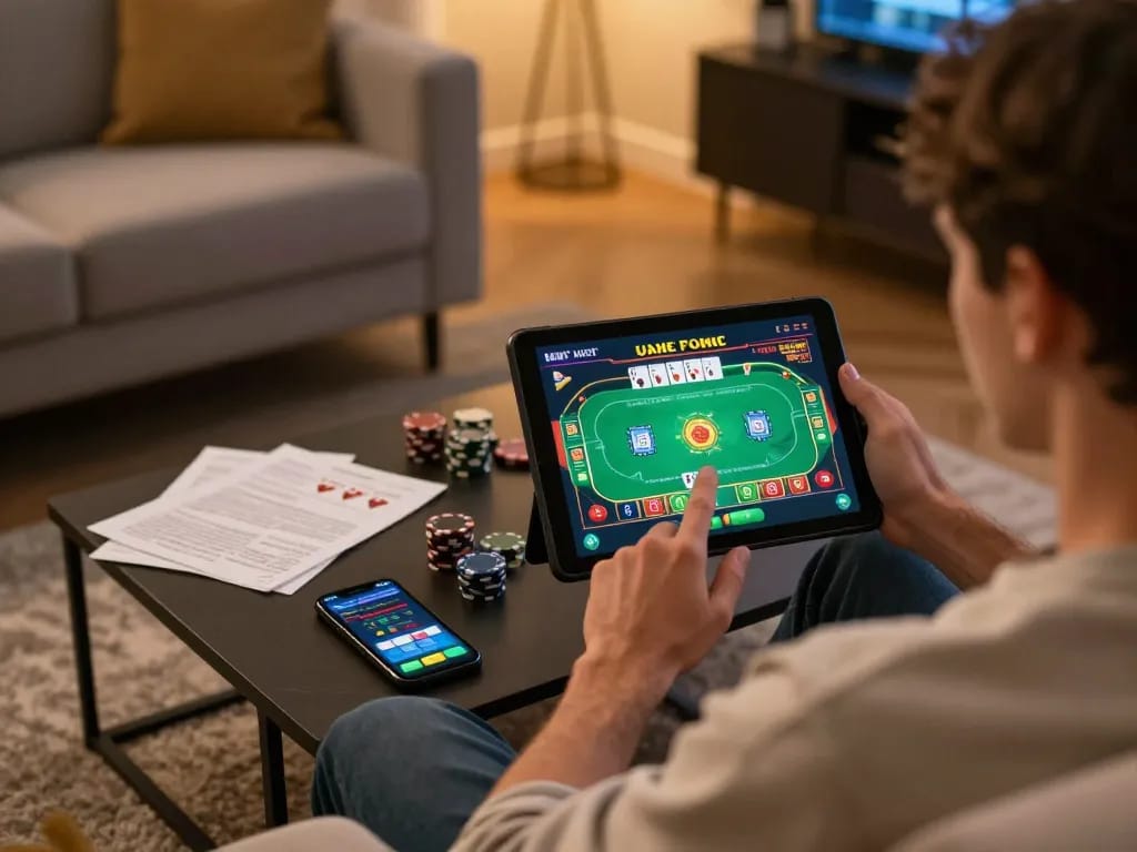 Engaging online poker gameplay through https://tr88watch.com/ on tablet, reflecting strategic home gaming ambiance.