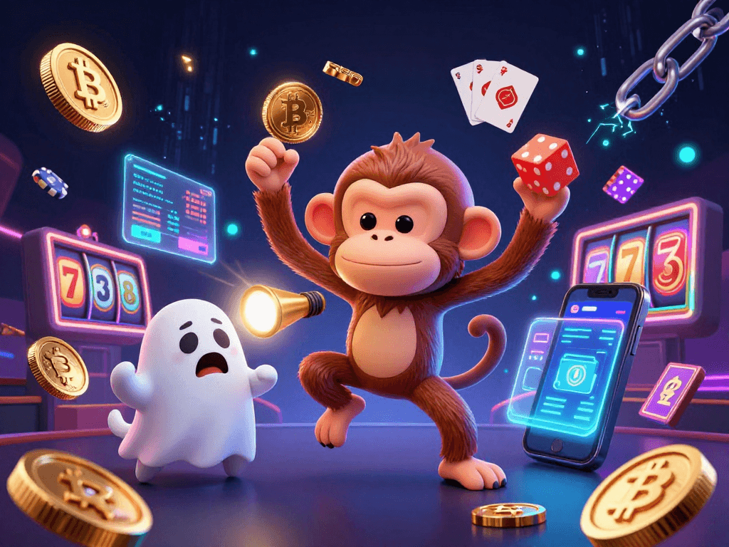 Experience the excitement of sunwin as a playful poltergeist monkey juggles golden coins in a haunted casino.