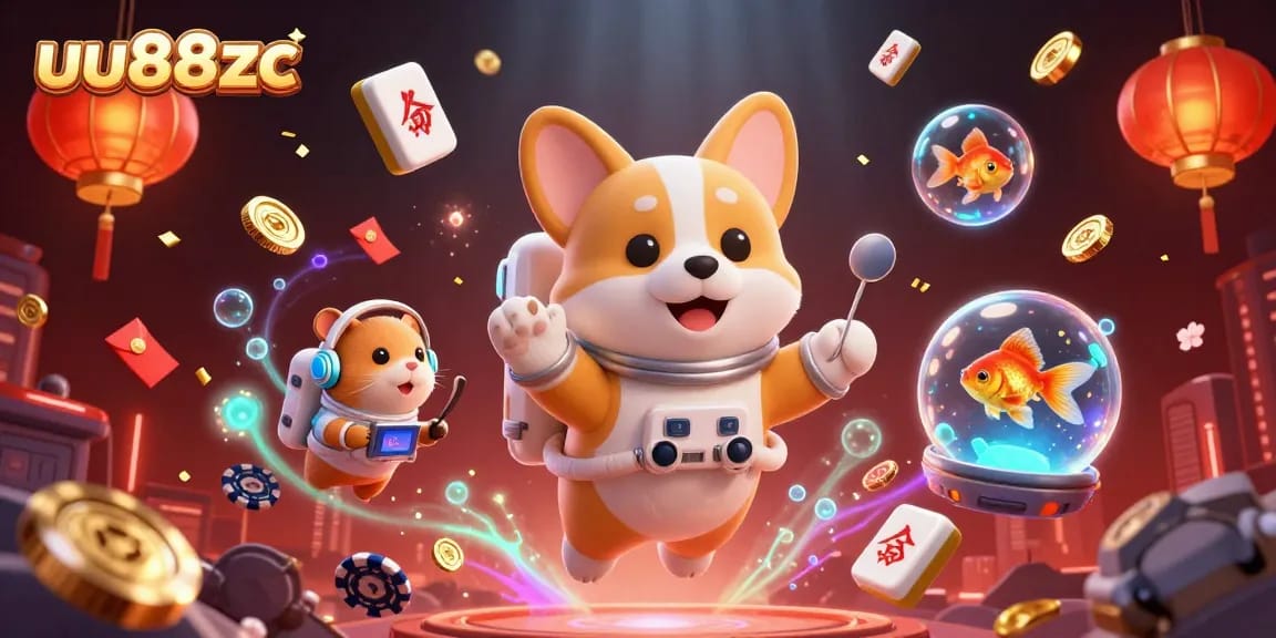 Engage with your luck at uu88zc casino featuring a floating corgi and dazzling gaming elements.