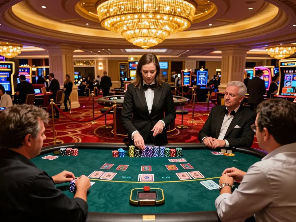 DABET players engaging in strategic blackjack at a luxurious casino with vibrant atmosphere and detailed chips.