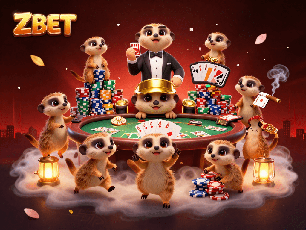 ZBET casino scene with meerkats dealing cards, chips, and poker tables in an action-packed gaming environment