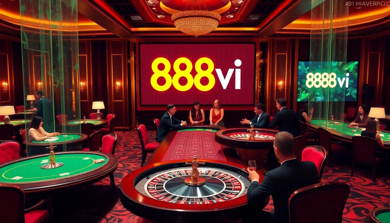 Experience the thrill of 888vi at a luxurious casino table filled with cards and roulette wheels.