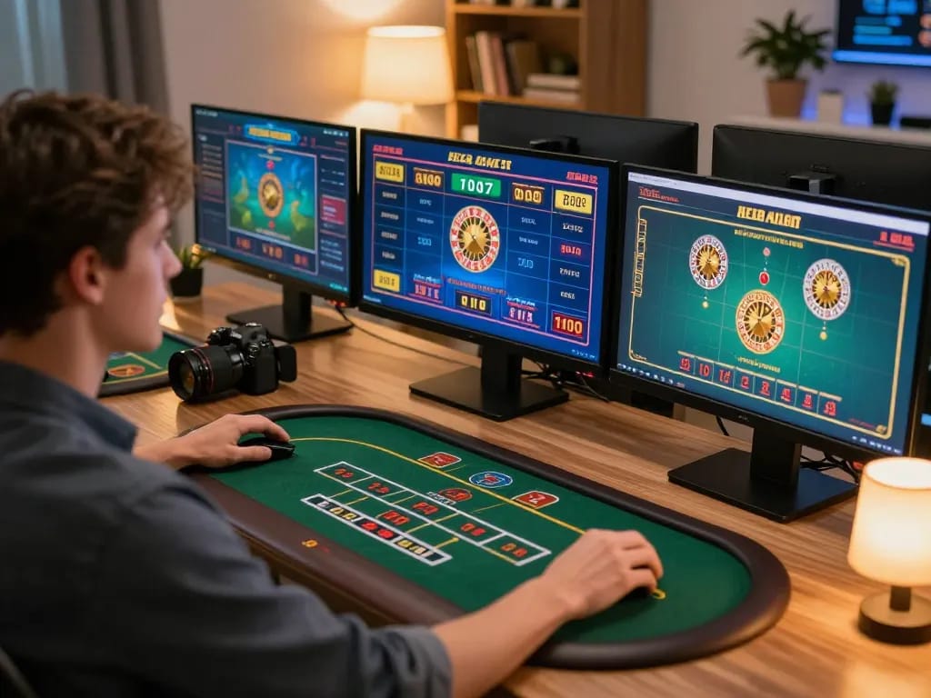 Player engaging with DA88 online casino games on multiple screens, showcasing interactive gambling experience.