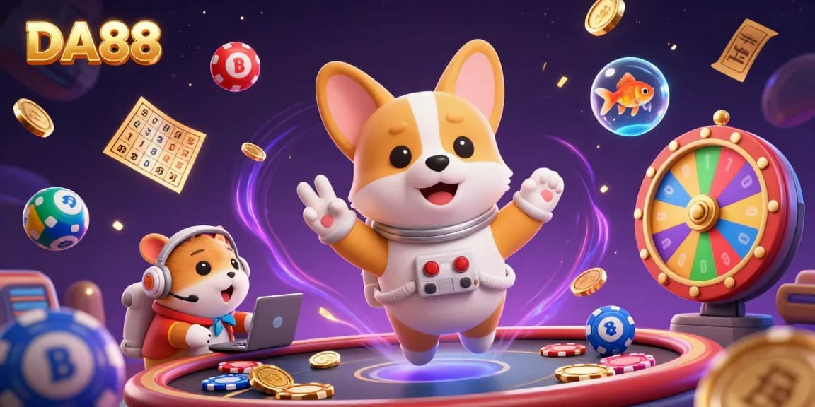 Experience the thrill of DA88 with floating poker chips and vibrant lottery elements in a captivating casino scene.