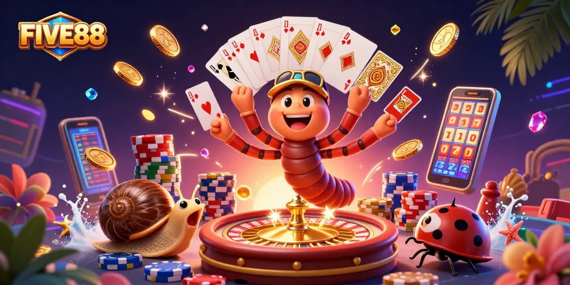 Experience the excitement of FIVE88 as a millipede dealer reveals winning cards amidst an enchanting casino scene.