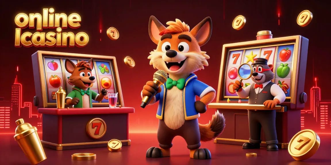 Experience the thrill of an online Irish casino with vibrant slot reels and engaging hyena characters.