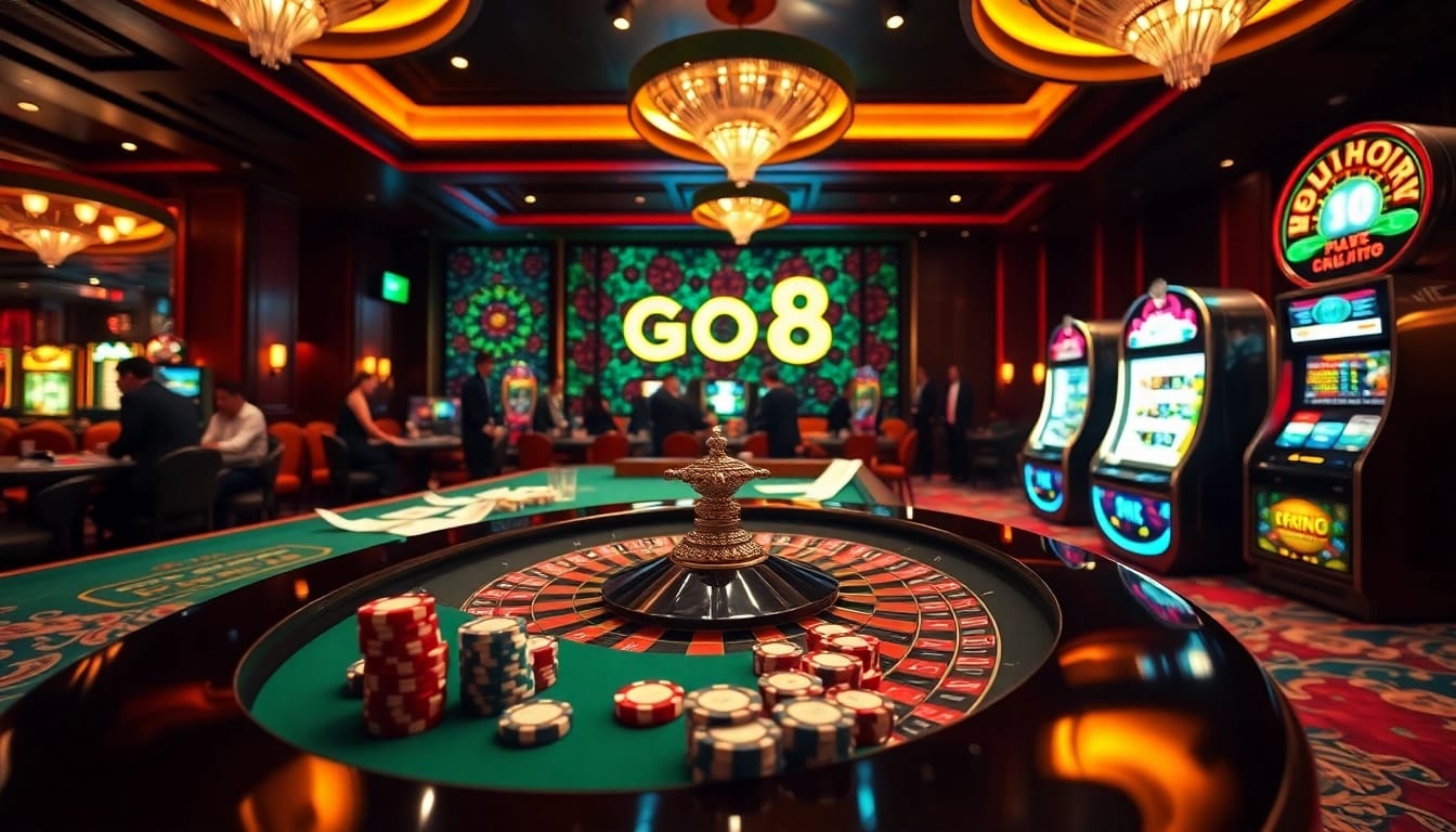Exciting casino atmosphere featuring go8 poker tables and luxury slot machines.
