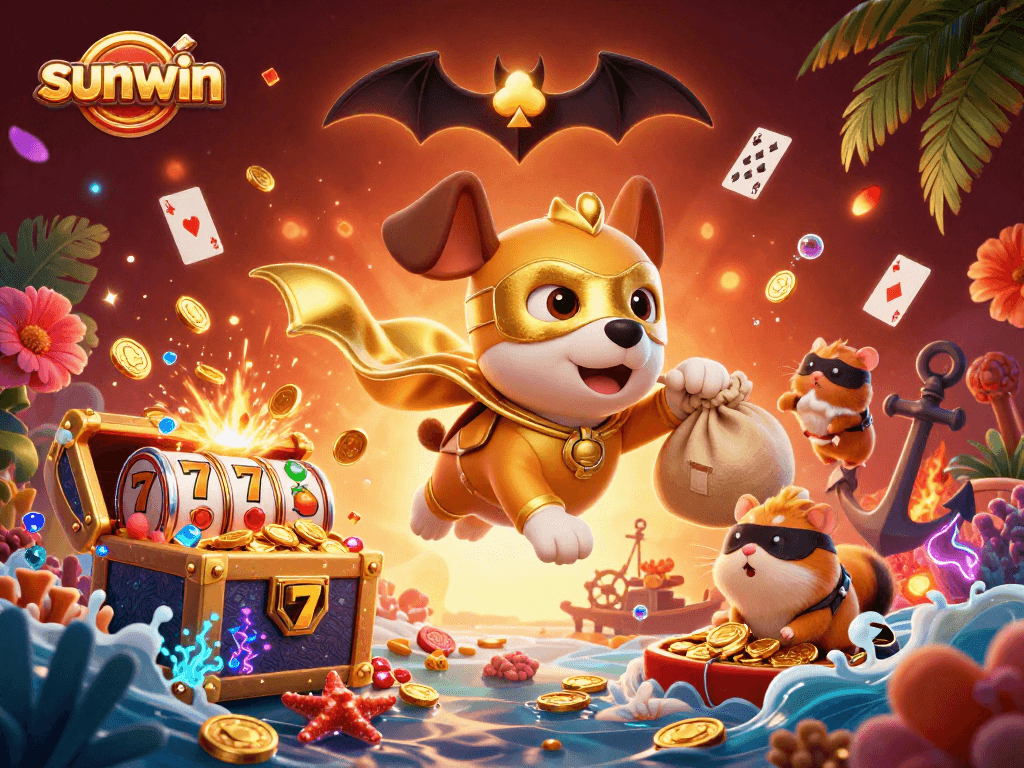 Win big with sunwin in this vibrant casino-themed 3D illustration featuring action-packed characters.