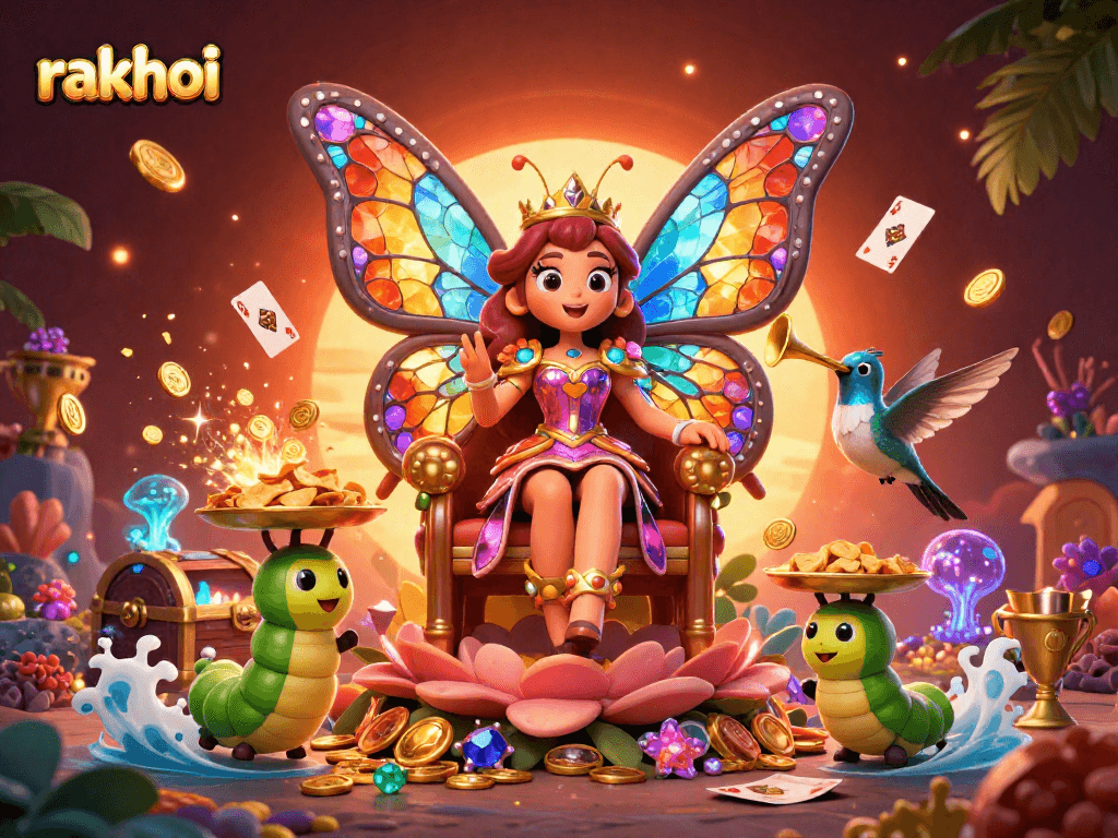 Engage with rakhoi's vibrant sports betting themed 3D illustration showcasing a butterfly queen and dynamic gaming elements.