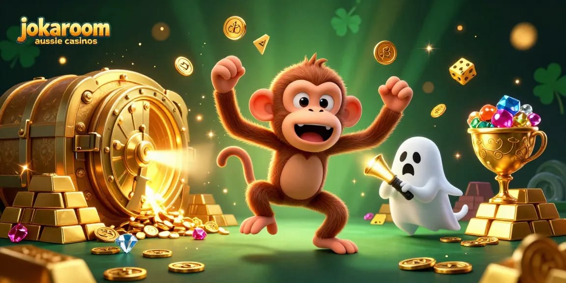 Experience thrilling gameplay at jokaroom aussie casinos as excited characters interact with golden treasures.