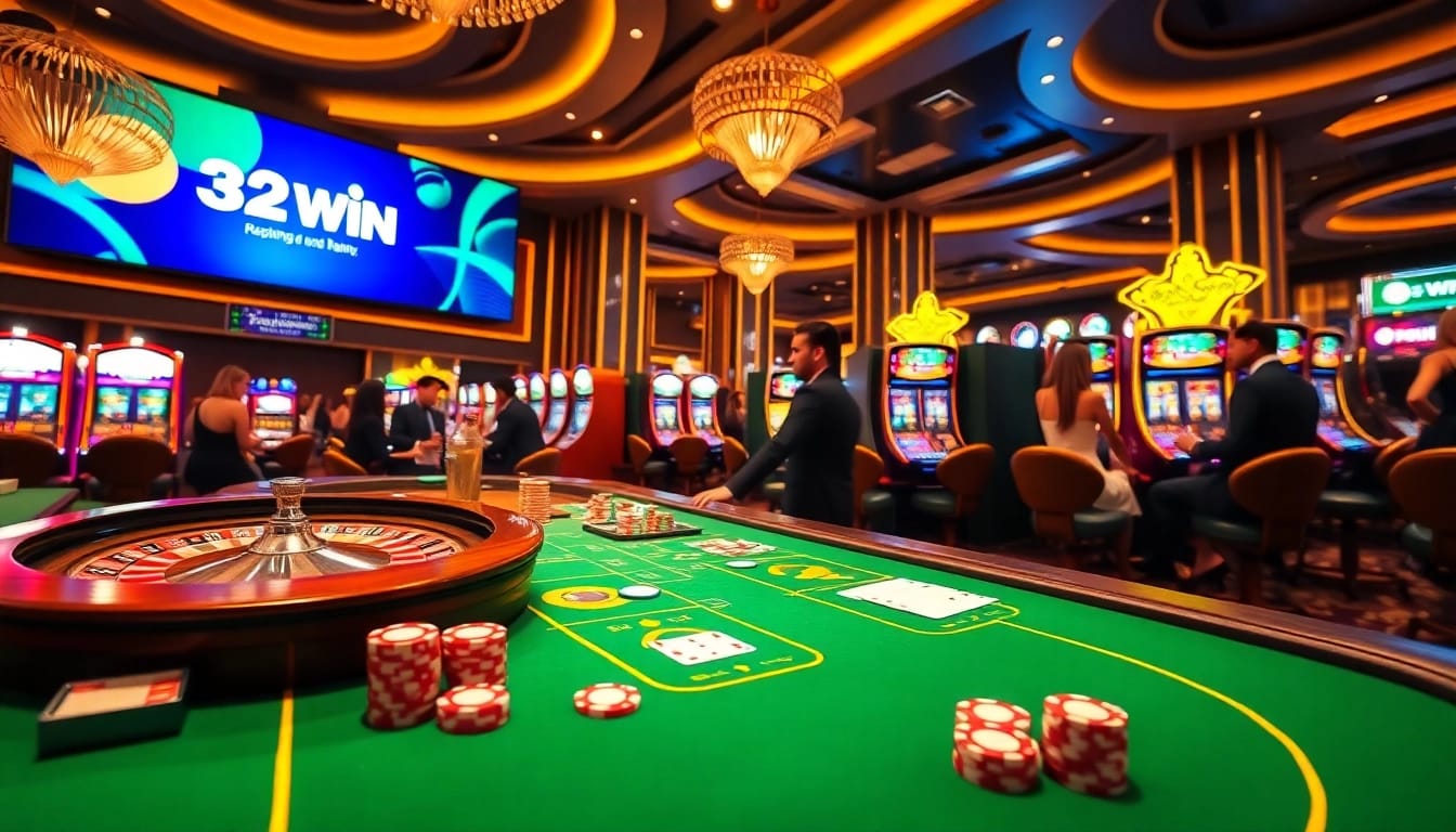 32WIN slot machines and poker table showcasing exciting gambling action in a luxurious casino atmosphere.
